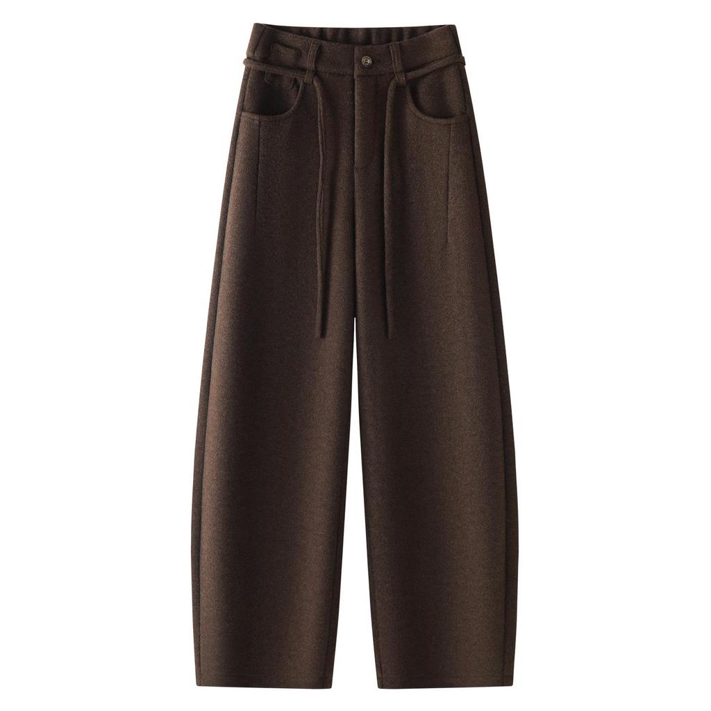 Winter 2025 Women's High-Waist Woolen Banana Pants - Dark Grey, Wide Leg, Soft & Smooth