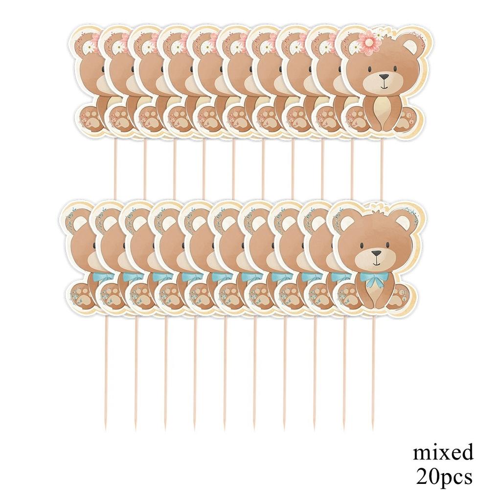 20pcs Carton Bear Cupcake Toppers Blue Pink Topper for Kids Baby Shower Bear Happy Birthday Party Decorations DIY Cake Supply