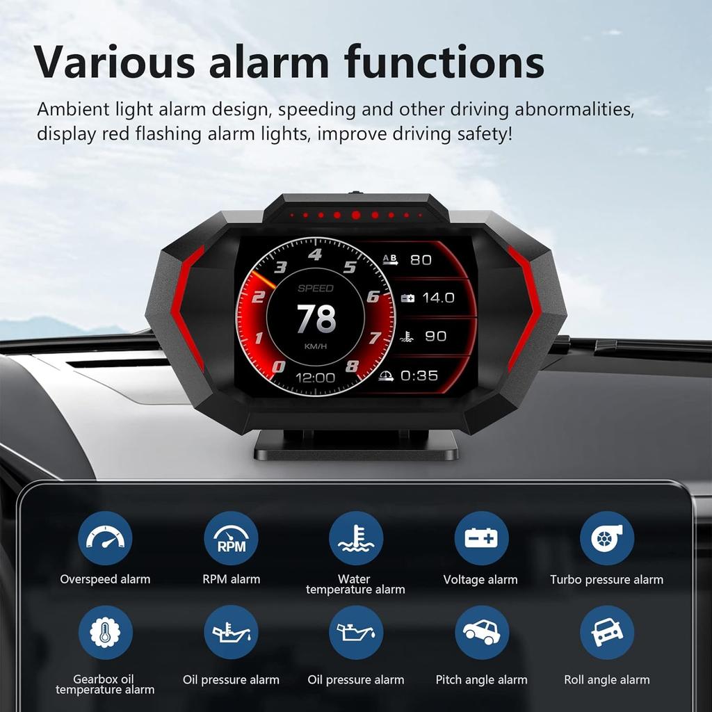 Obd2 Gauge Display with Speed, Heads Up Display for Cars P24, Fuel Consumption, RPM, Overspeed Alarm, OBD+GPS Digital Speedometer Suitable for All