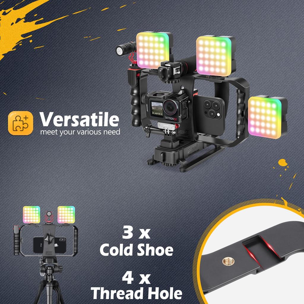 Zeadio All-in-One Smartphone Camera Stabilizer Kit, Portable Handheld Video Rig with RGB Video Light and Microphone, Compatible with All Video Cameras