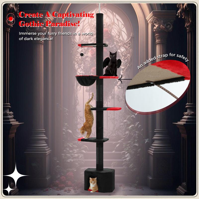 Adjustable Height Cat Tree for Indoor, Floor To Ceiling Cat Tower with Scratching Posts, Cat Condo, Hammock and Dangling Balls