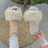 Casual Slippers Women Flat Low Heels Warm Plush Shoes for Women Solid Fur Butterfly Knot Pearl Slip On Winter Slides Plus Size