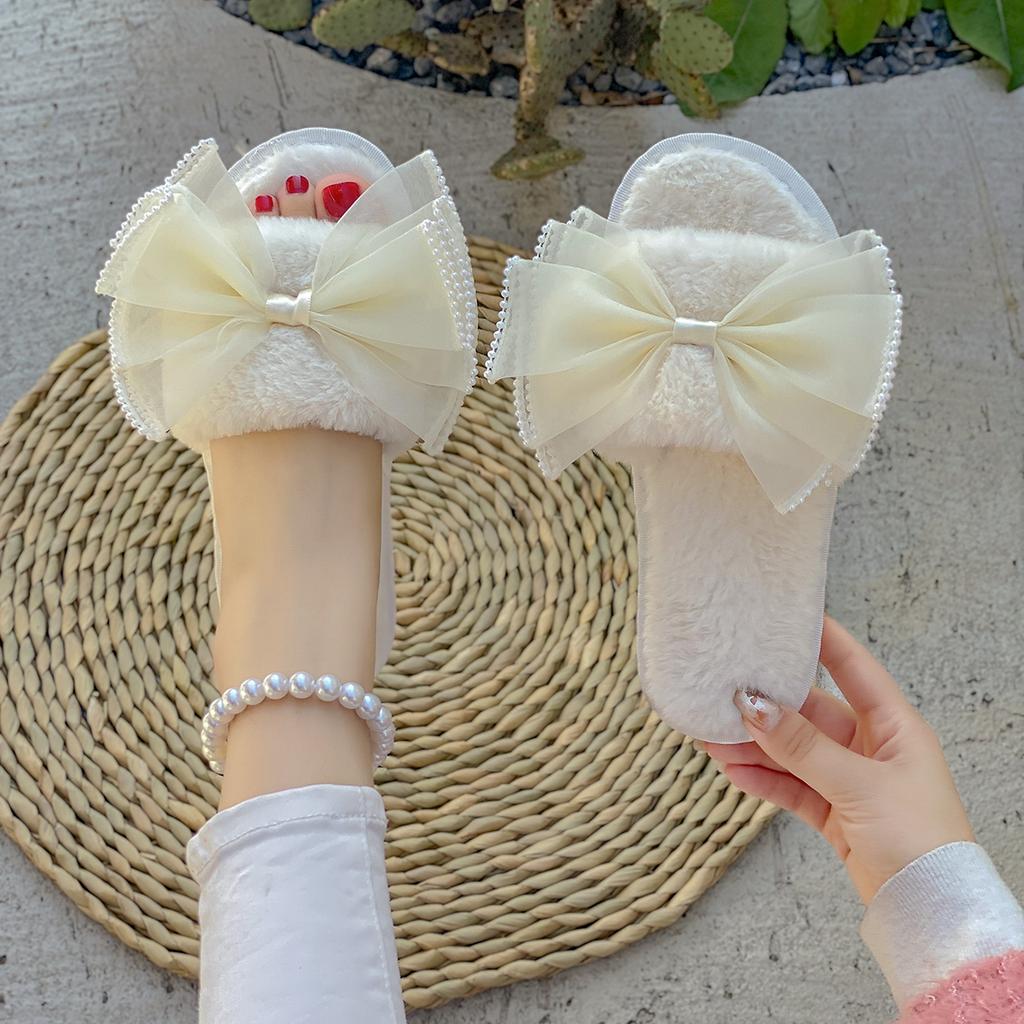 Casual Slippers Women Flat Low Heels Warm Plush Shoes for Women Solid Fur Butterfly Knot Pearl Slip On Winter Slides Plus Size