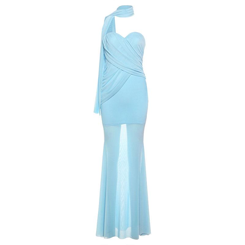 European and American style summer new women s clothing pleated winding design elegant swing tube top fishtail dress S синий