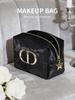 Dior Black Cosmetic Bag with Gold Logo, Portable Travel Makeup Organizer