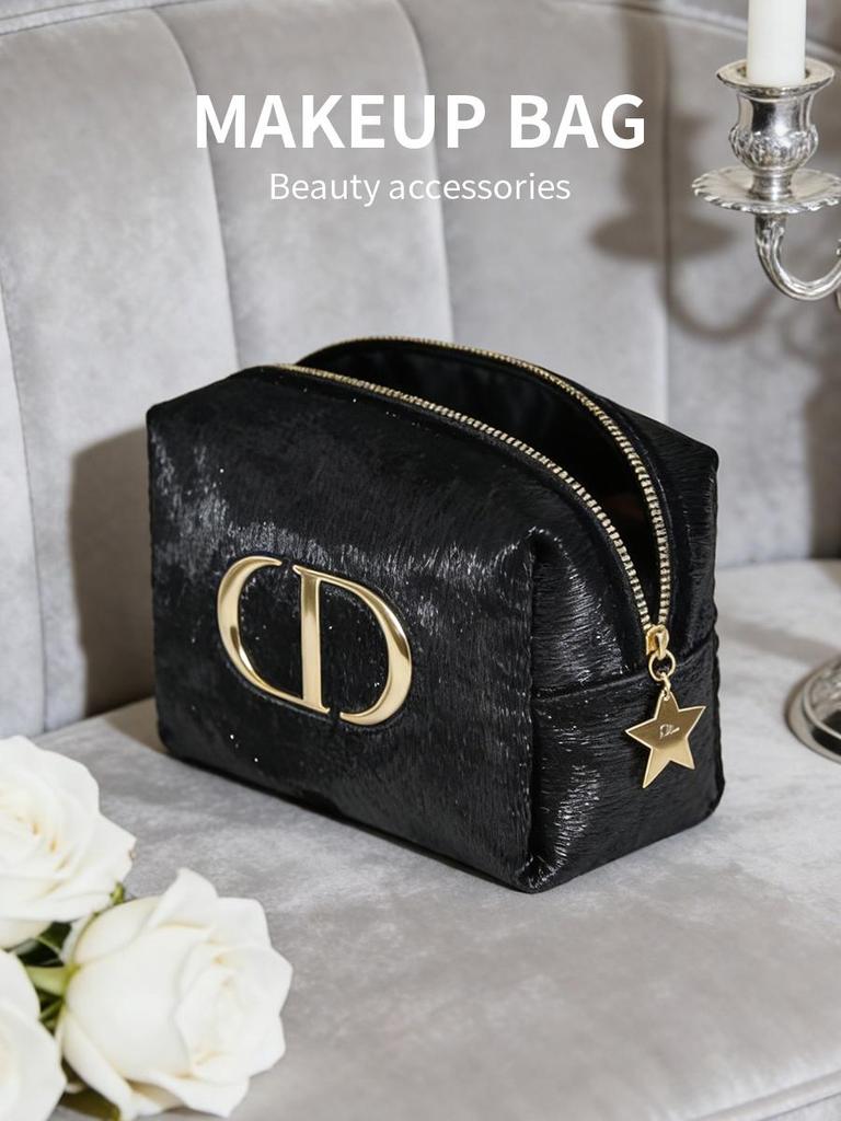 Dior Black Cosmetic Bag with Gold Logo, Portable Travel Makeup Organizer