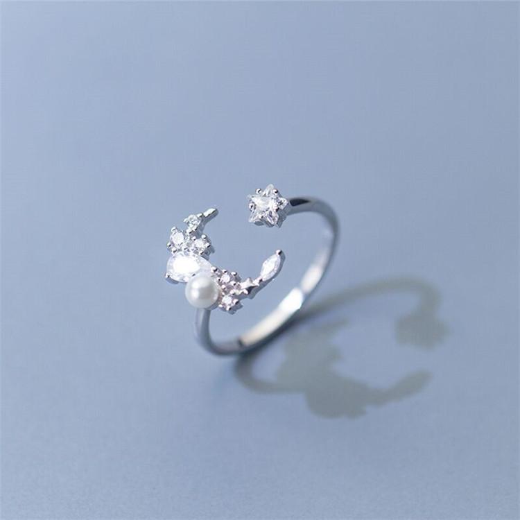 New Fashion Crystal Star Pearl 925 Sterling Silver Jewelry Temperament Personality Moon Sweet Opening Rings TYB069