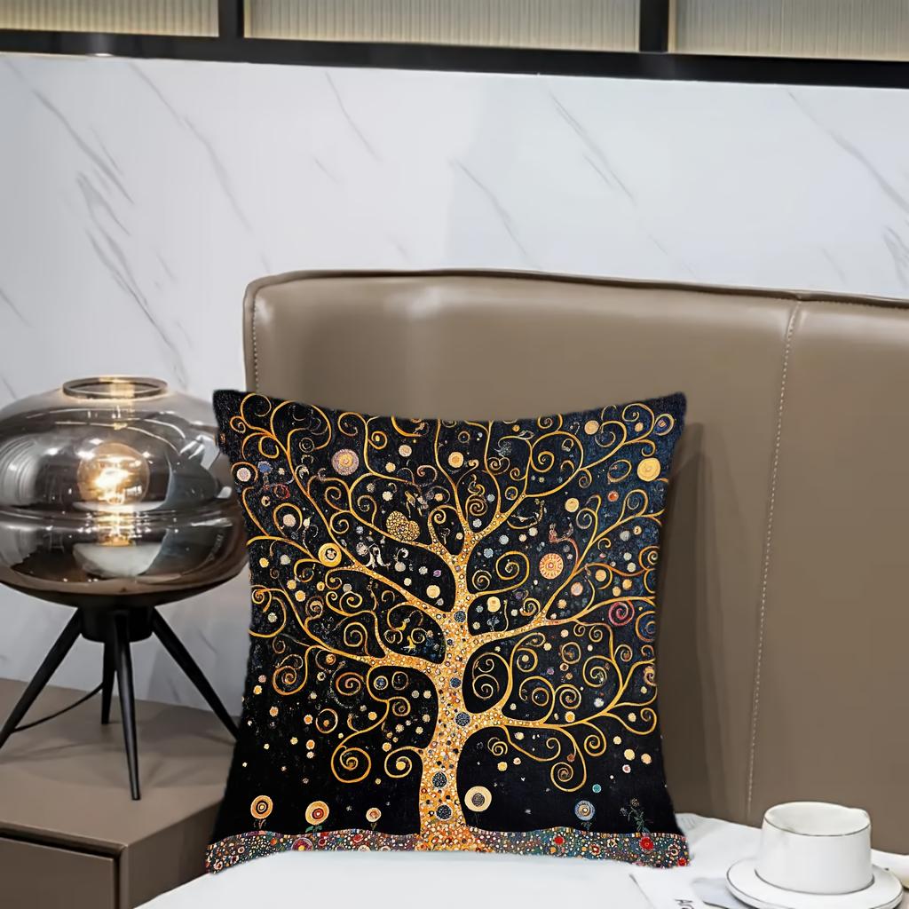 Retro Klimt Inspired Tree Of Life Pillowcase Geometric Pattern Polyester Fabric Decorative Cushion Cover For All Room Types Home