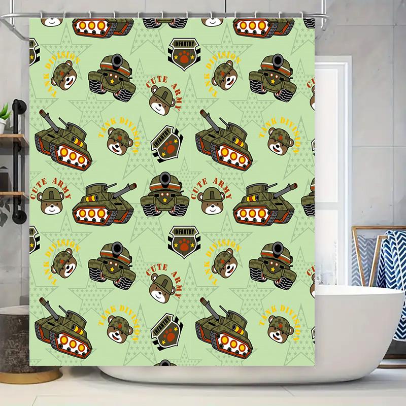 Cute Cartoon Army Pattern Shower Curtain Decor for Kids Bathroom Green Camo Design with Teddy Bear Tank Print (51x72in)