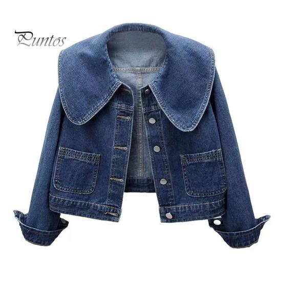 

Женская джинсовая куртка в стиле ретро, однобортная, с кукольным воротником, длинными рукавами, однотонными боковыми карманами, женское пальто для поездок на работу и шопинга S синий