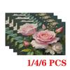 4/6pcs Rectangular Placemats Suitable for Dining Table - Pink Rose Hand-Painted Table, Durable Washable Polyester Fabric