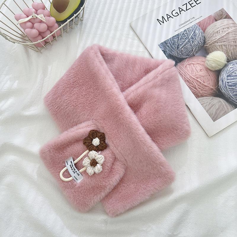 Модный плюшевый шарф с воротником из искусственного меха для женщин, мультяшный, милый, с цветами, мягкий, утолщенный, шарф-грелка для шеи для осени и зимы розовый
