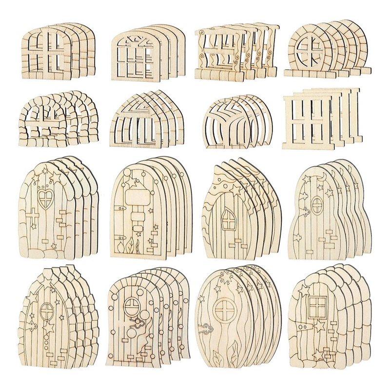 

A60zfairy Door Mini Wooden Garden Doors 64 Pcs Unfinished DIY Craft Fairy House Kit Unpainted Wood Miniature Blank Windowmay
