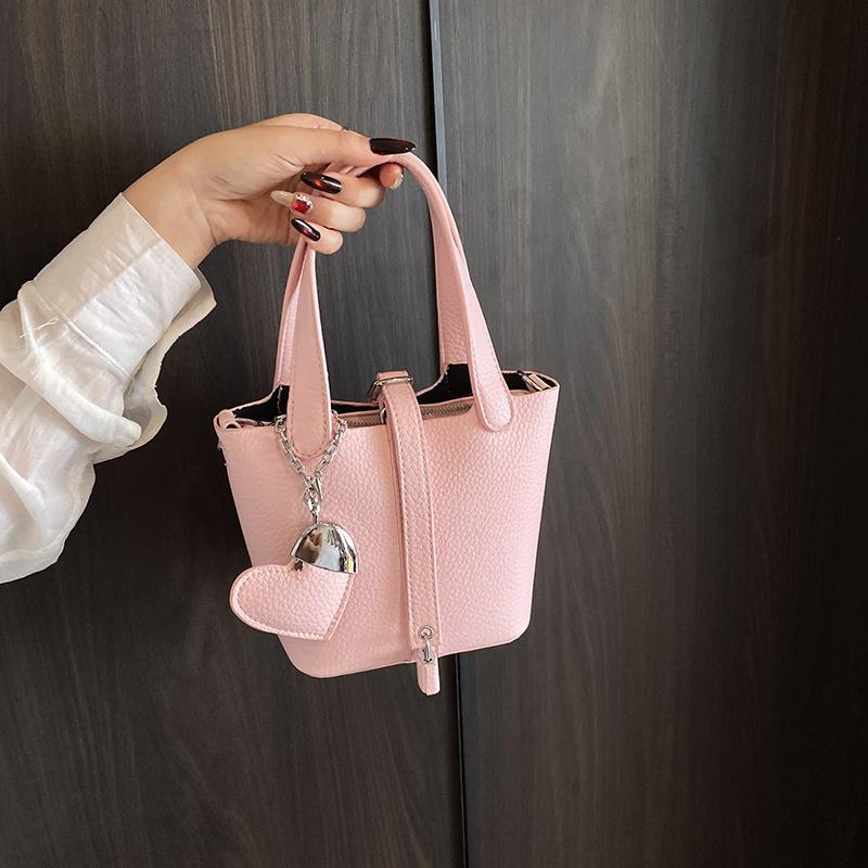 2025 Spring New Lychee Pattern Simple Commuter Handbag Women's High-end Fashion Versatile Messenger Bucket Bag