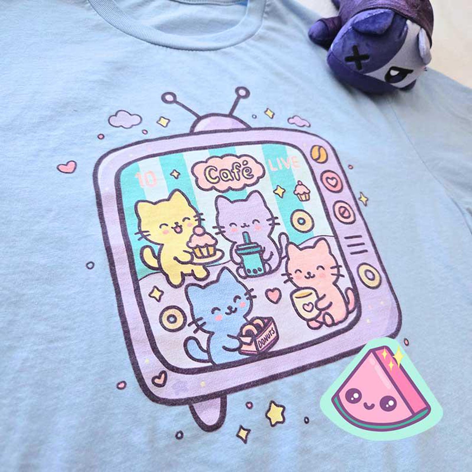 Fairy Kei Kawaii Cafe Tee, Yume Kawaii Pastel Retro TV Cat Shirt, Dreamy Cute Graphic Tee, Harajuku Aesthetic Pastel Shirt – Cat TV Series 2 2XL