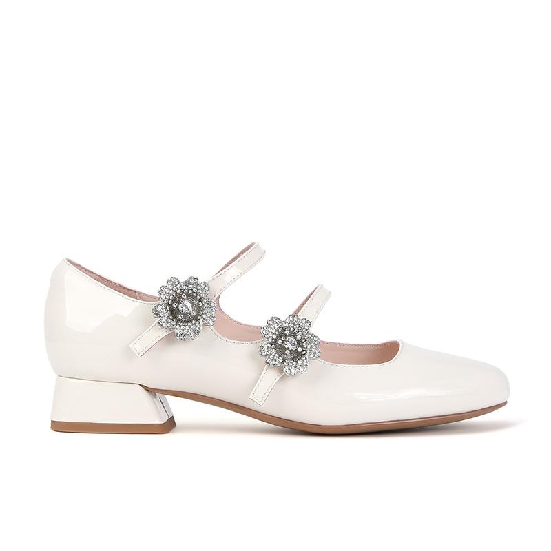Cowhide Version~ Square Head Flower Rhinestone High-heeled Single Shoes Thick-heeled Mary Jane Shoes Women's Wedding Shoes