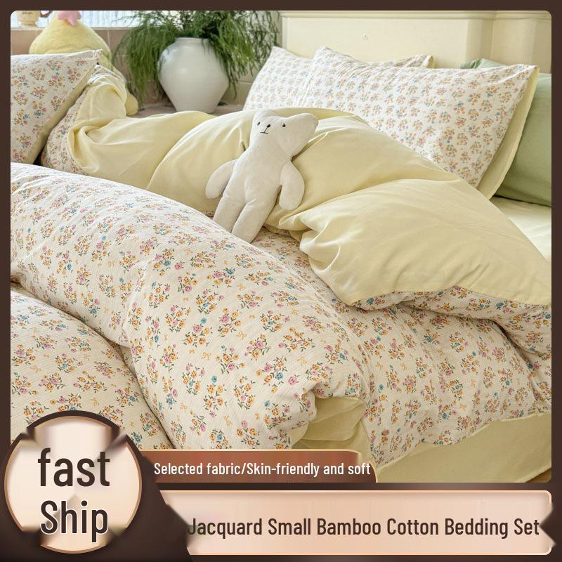 Class A Double Layer Gauze Floral Jacquard Bamboo Cotton Bedding Set - Fresh Design for Student Dormitory