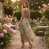 Women's Floral Print Neck Chiffon Long Maxi Dress - Vacation Pleated Waist-Cinching Summer Dresses