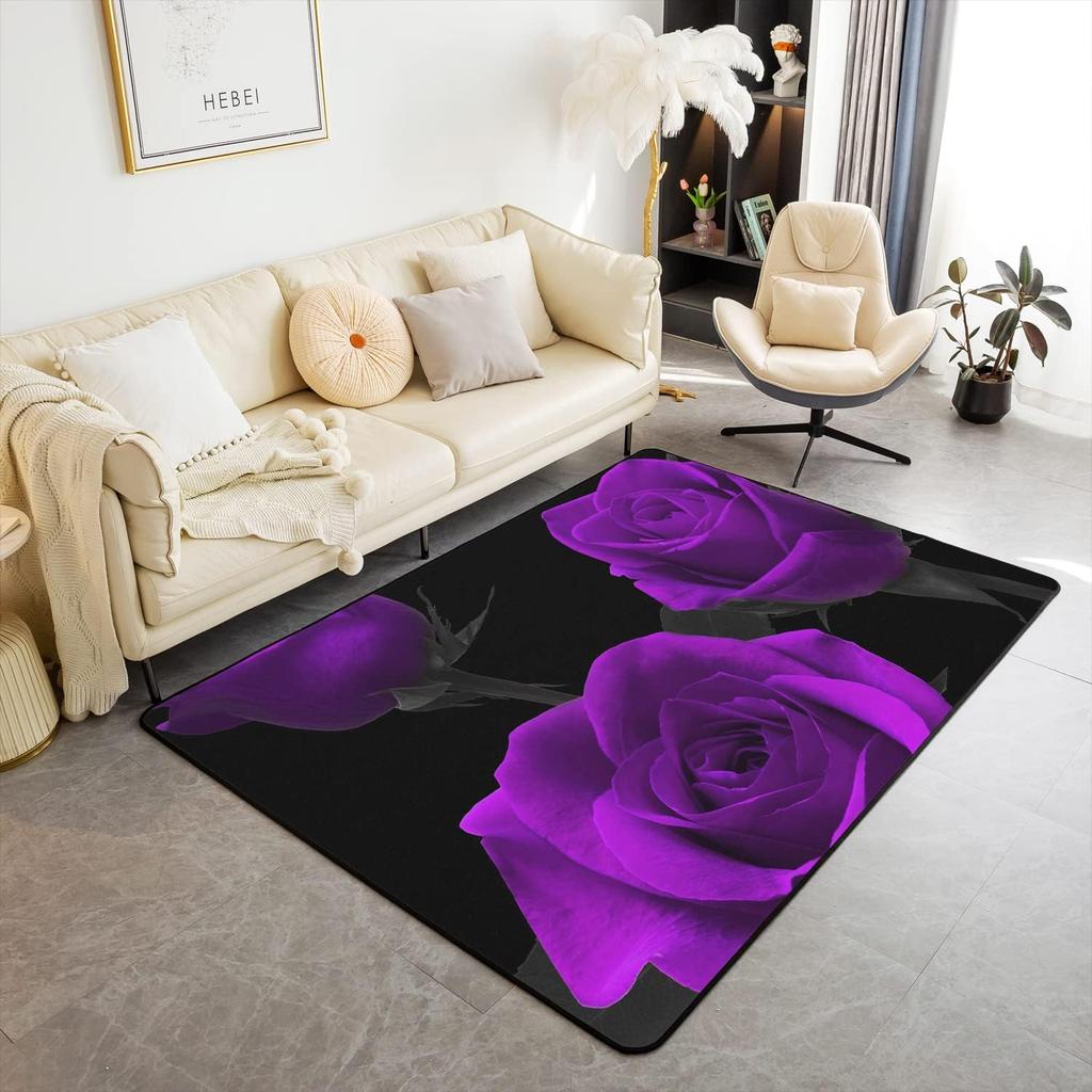 Blue Rose Flower on Black Background Non Slip Mat Area Rugs Floor Carpet for Kitchen Bedroom Living Room Decoration for Kids