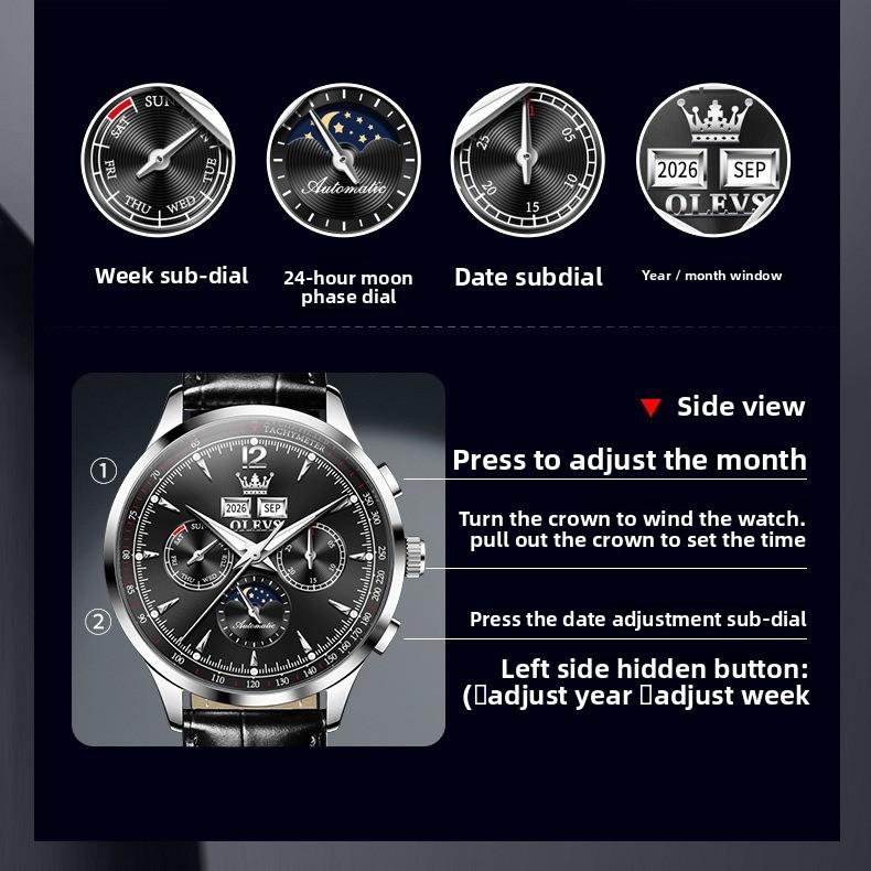 OLEVS Belt Perpetual Calendar Multi-function Moon Phase Mechanical Watch with Night Light for Men's Watch, Men's Timepiece