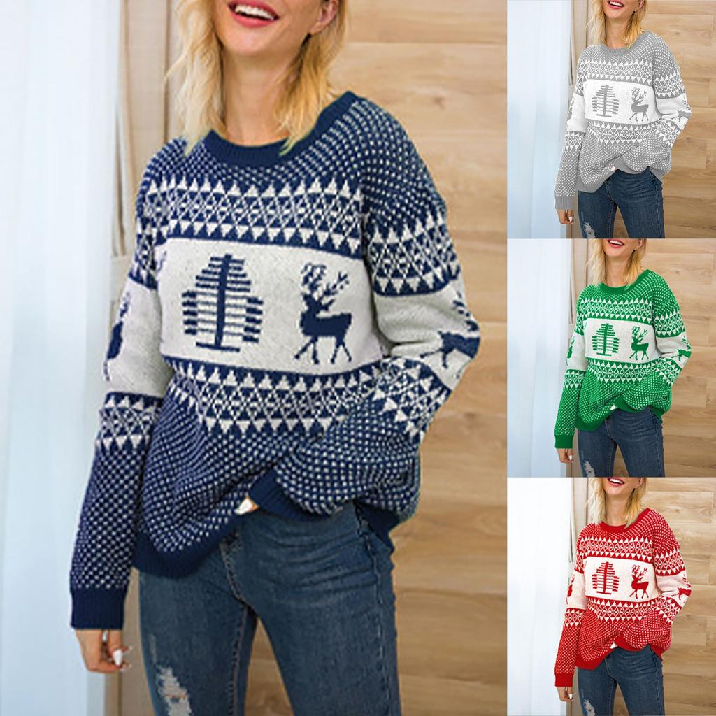 Women Christmas Sweater Long Sleeve  Christmas Tree Knitting Sweater Tops