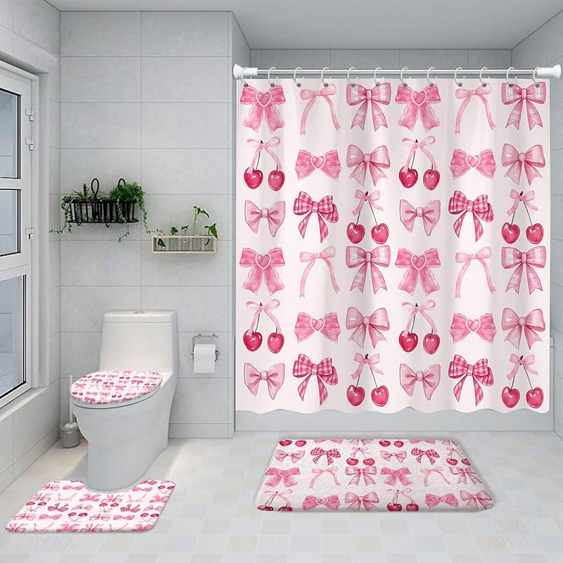 4PCS Rustic Floral Flower Sweet Love Home Fabric Shower Curtain Set, with Non-Slip Rugs, Toilet Lid Cover and Bath Mat Farmhouse Country Vintage Wood