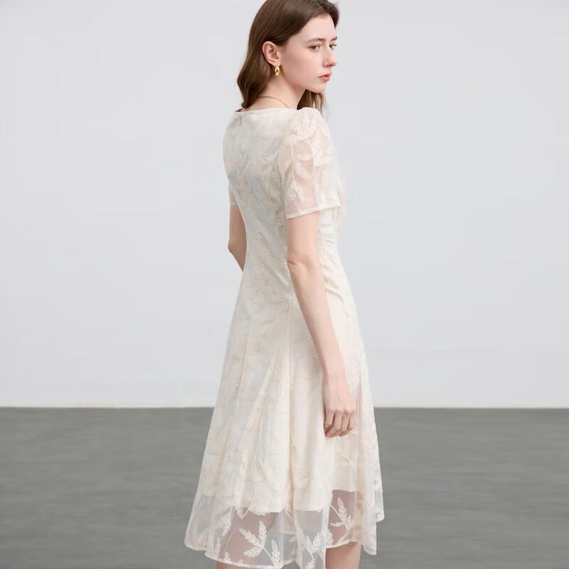 Sancai 2025 Summer Women's Embroidered Mesh Square Neck High Waist Midi Dress