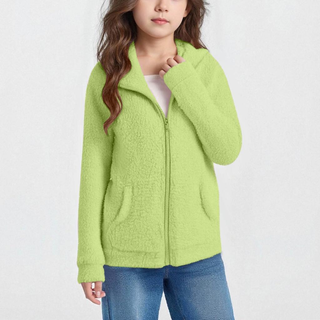 Children's Autumn/Winter Warm Fleece Hooded Pocket Long-Sleeve Solid-Color Jacket