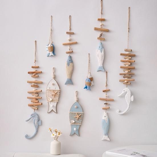Small Fish Pendant with Hemp Rope Easy To Hang No Drilling Handmade Solid Wood Coastal Style Wall Ornament