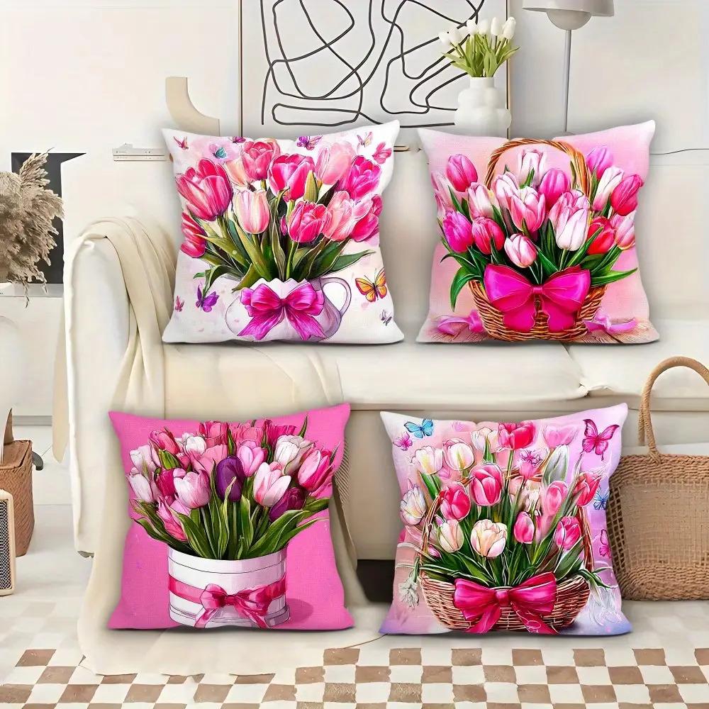 4Pcs Pink Flower Design Digital Printing Pillow Cover Short Plush Suitable Living Rooms Bedrooms Sofas Throw Cushion Cover