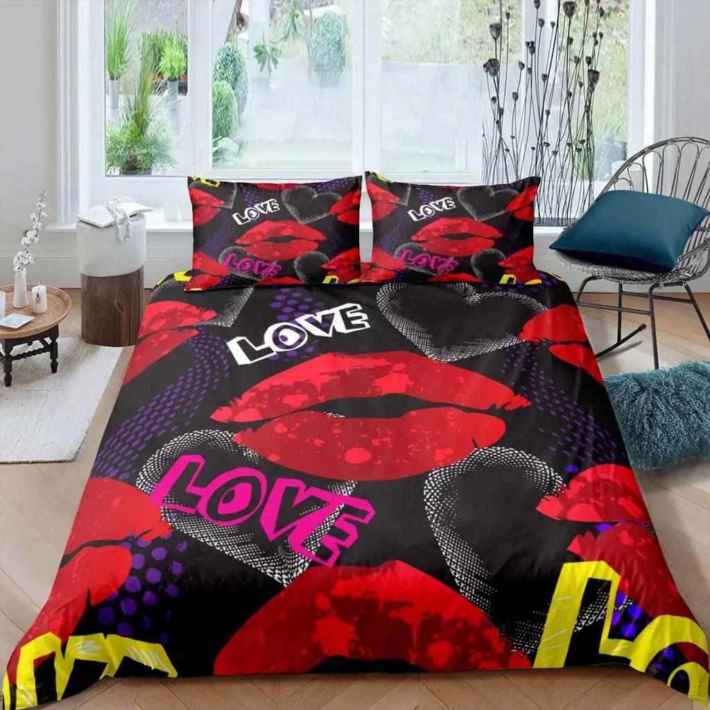 Red Lip King Queen Duvet Cover 3D Mouth Pattern Bedding Set For Adult Couples Lipstick Black Golden 2/3Pcs Polyester Quilt Cover