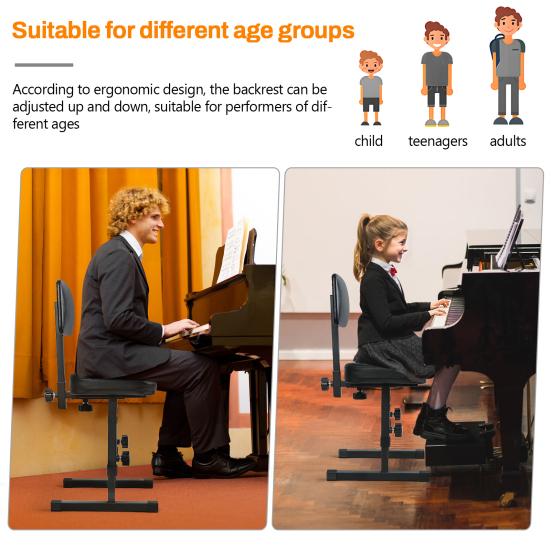 H-förmige Klavierbank, 5-fach höhenverstellbarer Klavierhocker mit schwarzer Polsterauflage, Musik-Keyboard-Bank mit Rückenlehne für Musiker Kinder
