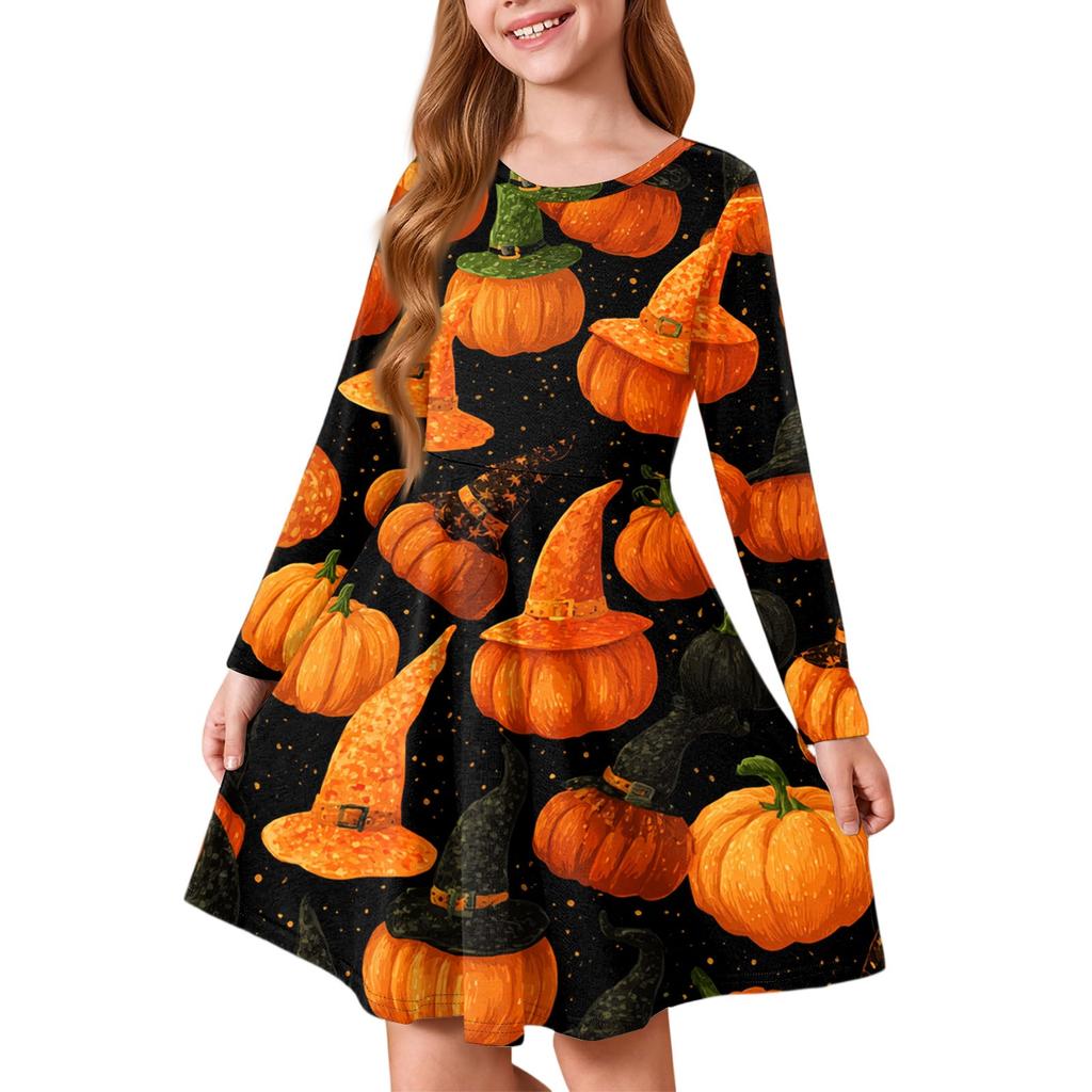 Girls' Summer Princess Dress Halloween Day- Long Sleeve A-Line T-Shirt Dress