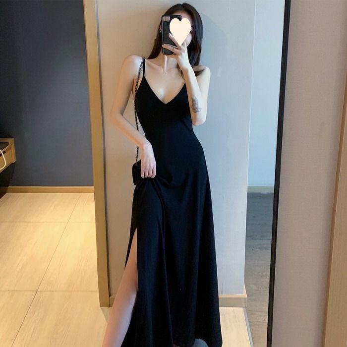 New suspender small black dress sexy gentle v-neck retro long side split black dress women S