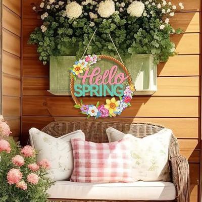 Wooden Easter Door Wreath for Front Door Happy Easter Bunny Eggs Porch Sign for Spring Window Wall Hanging Decor