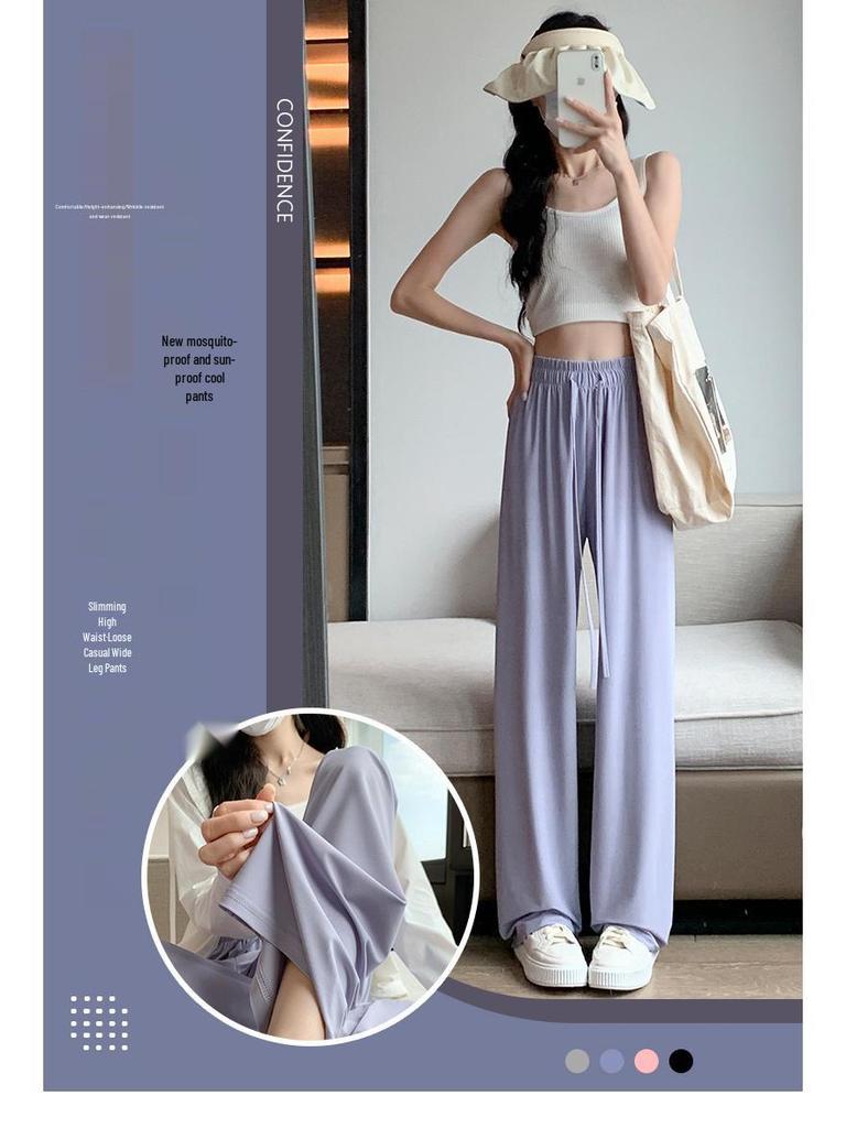 Ice Silk Women's Lightweight Quick-Dry Sun Protection Wide-Leg Pants - High-Waisted and Breathable for Summer