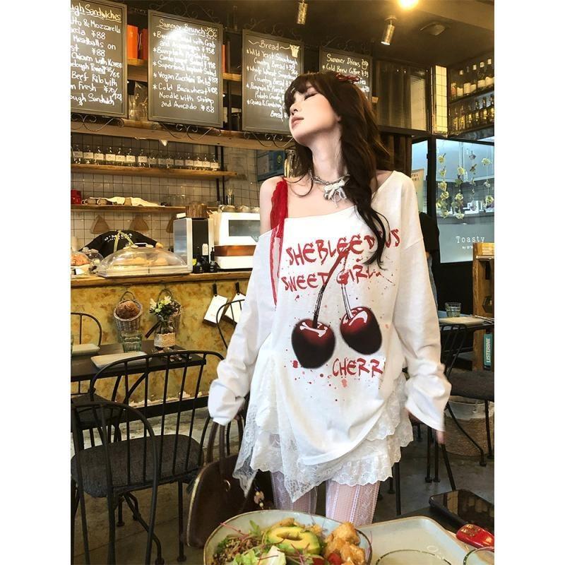 

Свободная кружевная футболка с косыми плечами и кружевным ремешком, женская новая осенняя футболка со специями и утягивающим топом XL белый