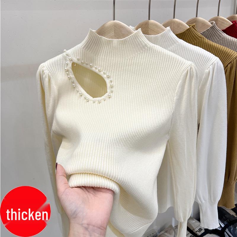 Women's High Neck Beaded Hollow-Out Knitted Sweater - Long-Sleeve Autumn/Winter Design