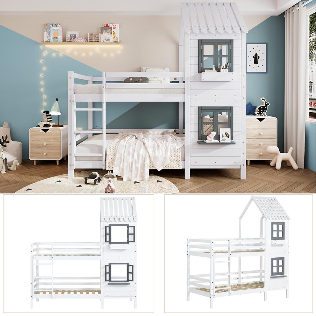 [29590567WAA]Bunk Bed with Handrail and Window, House Bed, Children's Bed with Fall Protection and Guard Rail, Pine Frame, White (90x200cm)