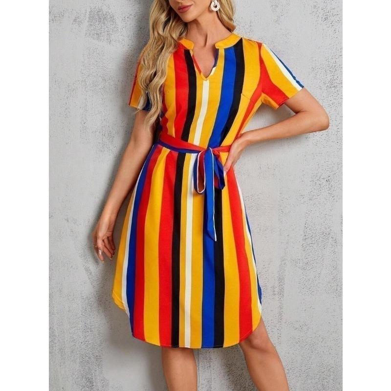

YYFS Women s Fashion Summer Spring Colour Block Print Short Sleeve V-Neck High Waist Casual Dresses XXL помаранчевий