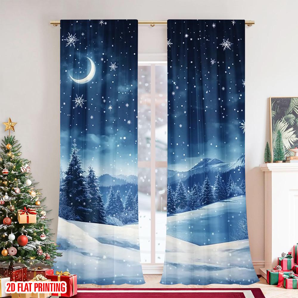 2pcs 2D Flat Printing Merry Christmas Curtains Winter Night Snowflake Versatile Durable Polyester Without Electricity Festive