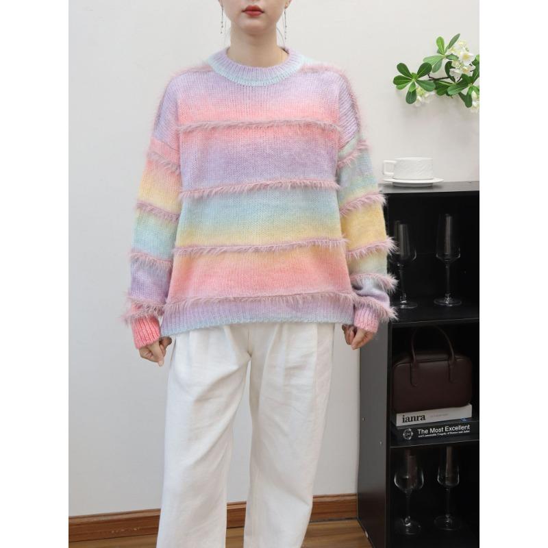 Gradual Change Color Splicing Imitation Mink Velvet Knitted Sweater Top Autumn and Winter New Loose Gentle Wind Sweater Pullover Women
