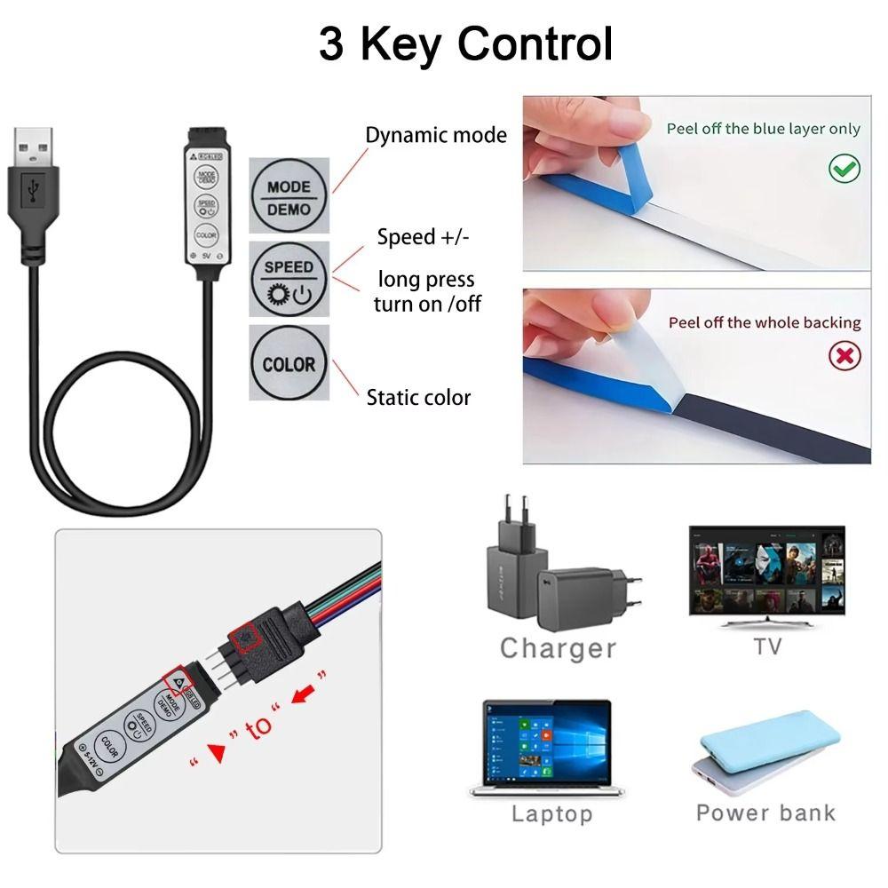 USB Powered RGB Light Strip Static Modes 3 Key Control LED Light Strip Dynamic Modes 5 V Low Voltage TV Background Light