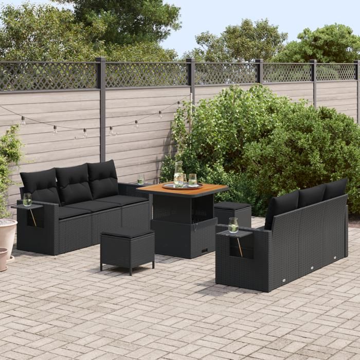 Ensemble de 9 pièces de canapé de jardin avec coussins en rattan poly noir acacia, Ensemble de 3 pièces de salle à manger de 3361694