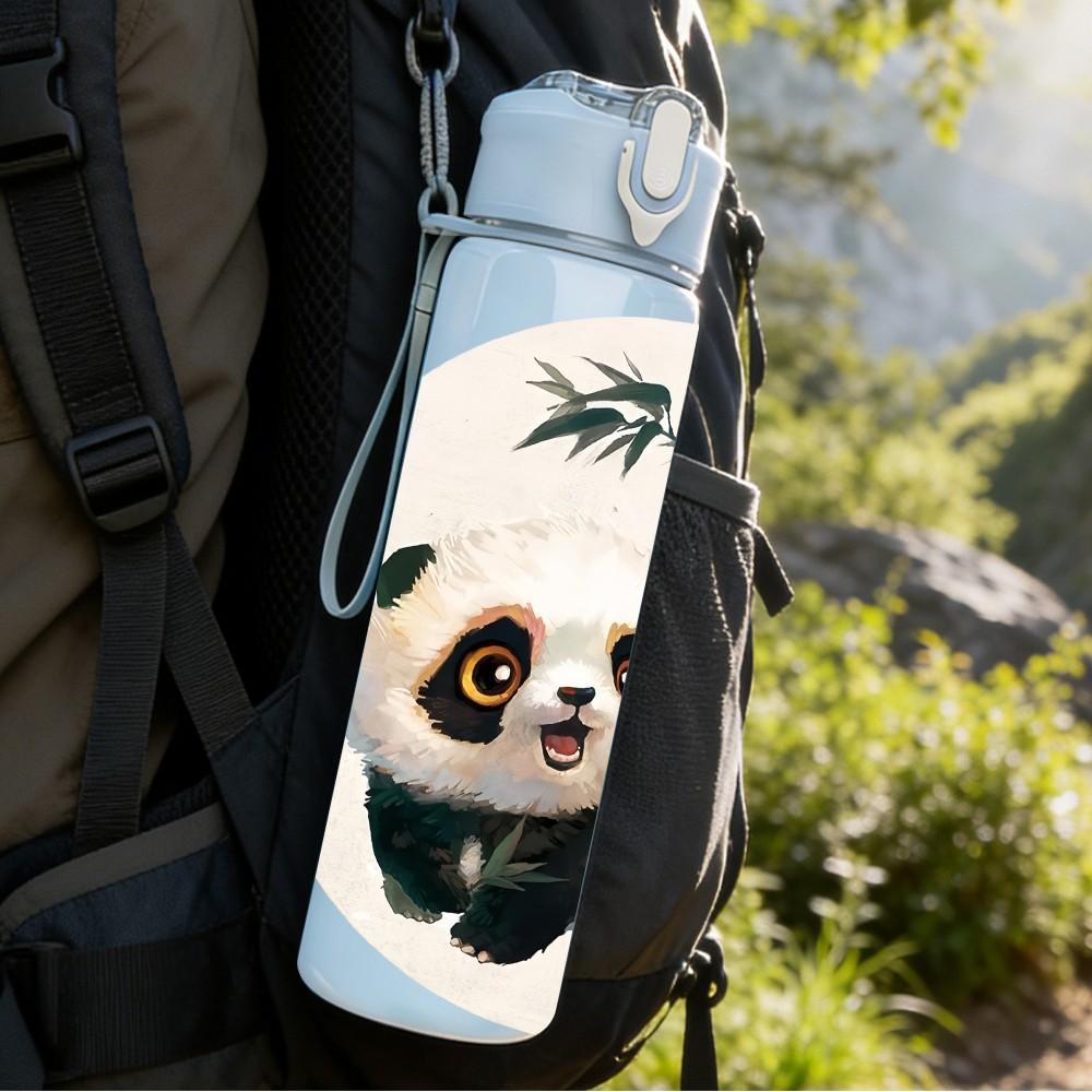 1PC Round Bamboo Background Panda Pattern 750ml Color Plastic Sports Water Bottle Leakproof Flip Straw Lid Suitable for Sports Office Home Use