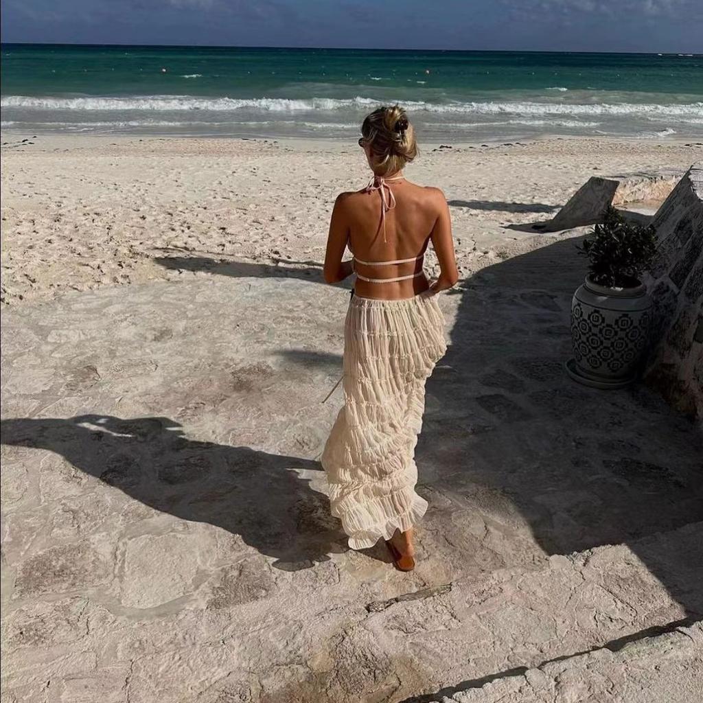 Fashion Halter Neck Long Skirt Suit Women Backless Sling Lace Up Fold Maxi Skirts Summer Female Two Piece Set Outfits