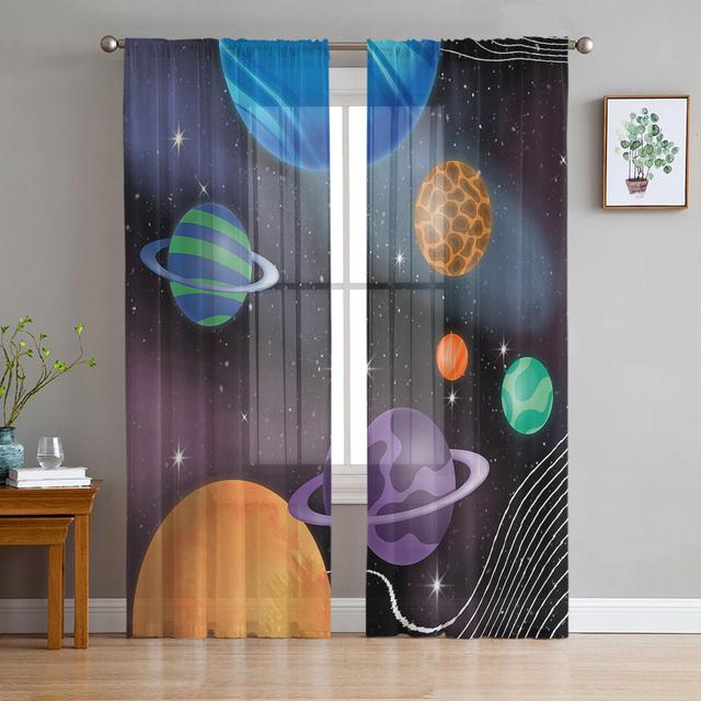 Galaxy Moon Sun Simple Planet Sky Sheer Curtains Living Room Window Tulle Curtains Bedroom Veiling Curtains Decor Luxury Drapes