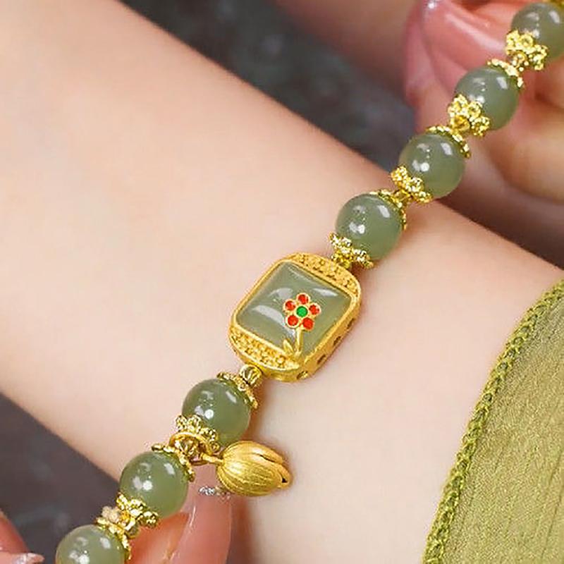Pulseira com pingente de lótus de jade hetian estilo chinês imitação pulseira vintage com contas para mulheres joias de luxo leves presentes