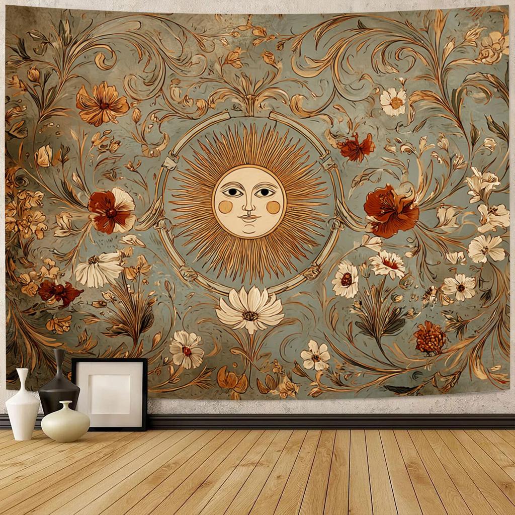 Sun Sprite Face Tapestry Wall Hanging Surrounded by Flowers, Aesthetic Tapestry for Festive Bedroom Living Room Dorm Home Decor