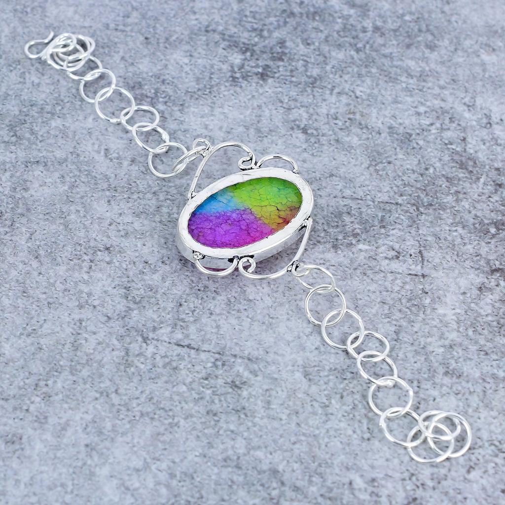 Rainbow Solar Quartz Gemstone Handmade 925 Sterling Silver Bracelet 7-8" M-2714